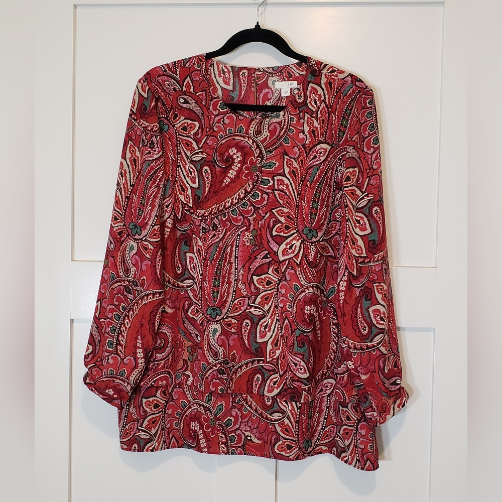 J. Jill Double Layer Paisley Stretch Tunic Top Size Large Burgundy Teal